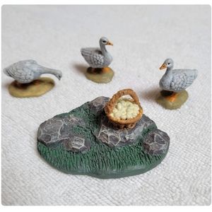 New Lang and Wise Meadowbrook Farm Three Geese, egg basket and rocks